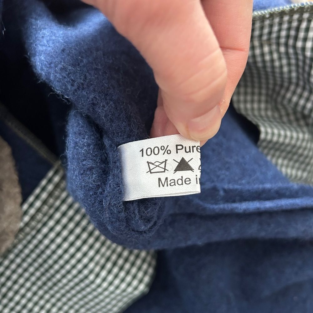 Handstrickerei Irmtraud Lanz Blue Wool Jacket Beige Trim Women’s L - Picture 13 of 16